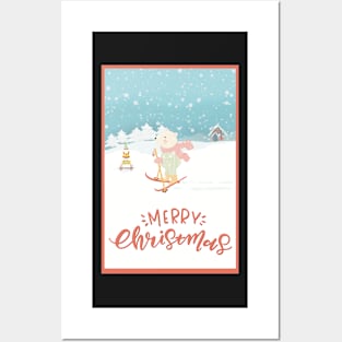 Skiing teddybear in the snow. Happy Santa sitting on the Christmas gifts.Merry Christmas. Posters and Art